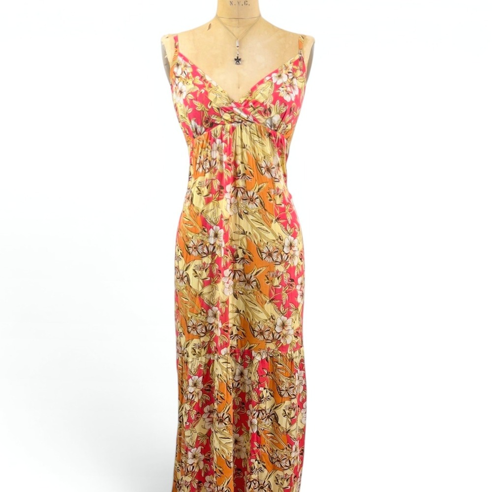 Y2K Boho Floral Maxi Dress Multicolor Ruffle Hem Tie Back Festival Sundress Sz L